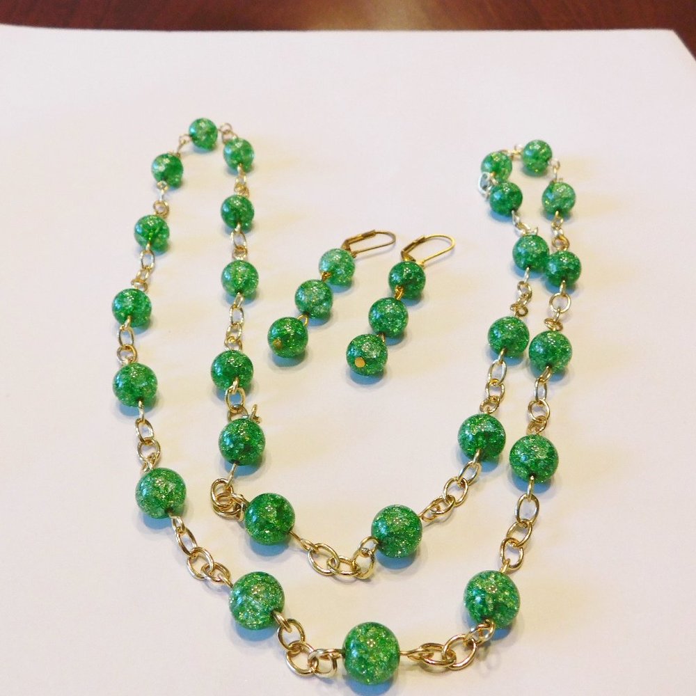 Handmade Green & Gold Necklace & Earrings - 33"